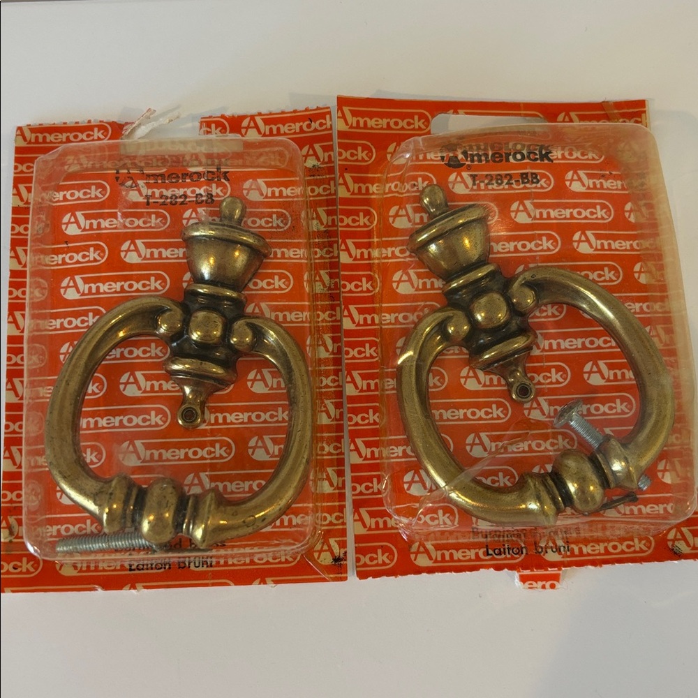 Vintage Amerock die cast brass tone drawer pulls SET of TWO in packages w/screws